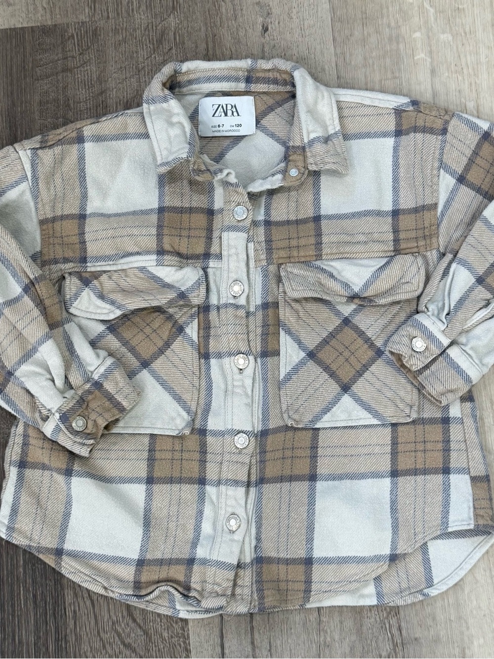 ZARA Beige and Blue Plaid Button-Down Kids Shirt Jacket